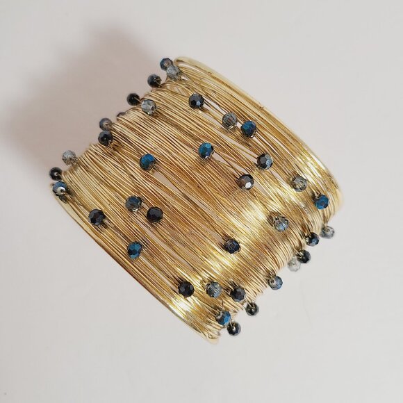 Gold Wire Wrapped Cuff Bracelet with Blue & Black Faceted Beads - Picture 7 of 8